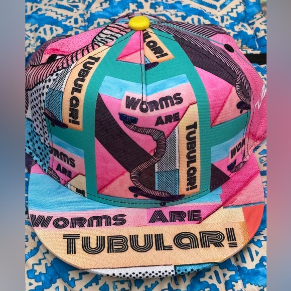 Worms are Tubular Rad Watercolor Skateboarding Worm Pun Dad Joke FlatBill Hat - Picture 5 of 10